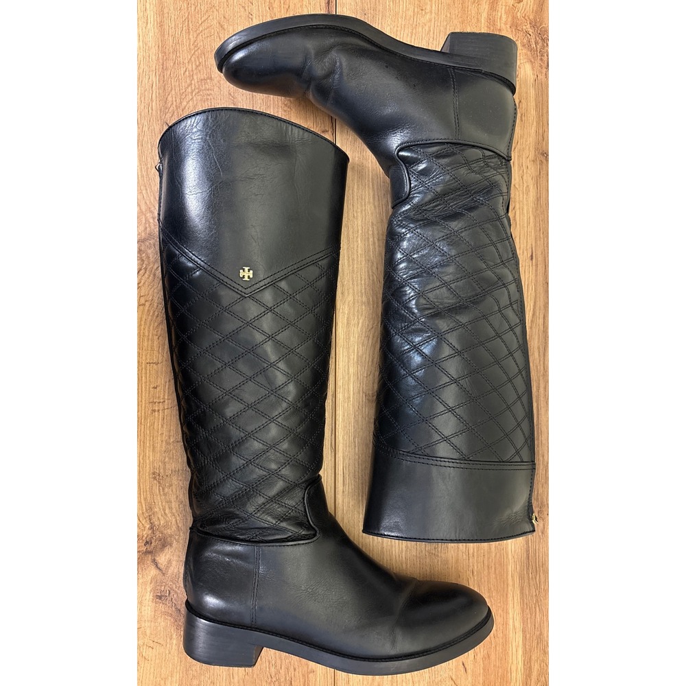 TORY BURCH Claremont Riding Boots Womens Black Size 8.5 Quilted Leather Back Zip - Picture 6 of 13